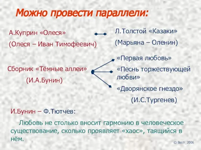 А.Куприн «Олеся» (Олеся – Иван Тимофеевич) Л.Толстой «Казаки» (Марьяна – Оленин) Сборник