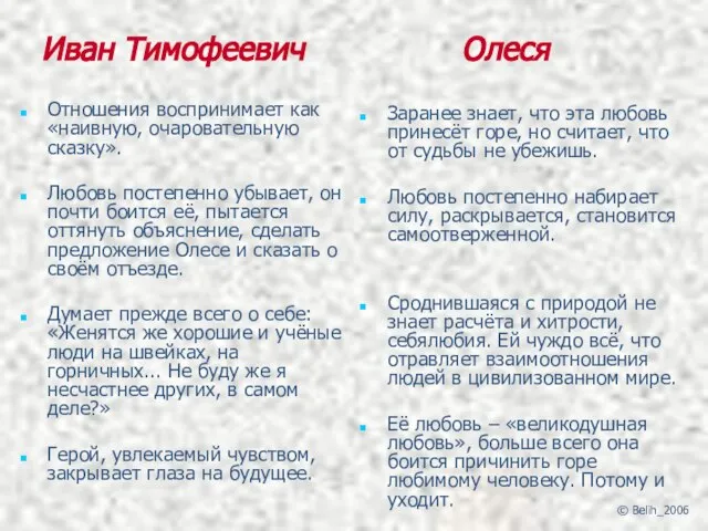 Иван Тимофеевич Олеся Отношения воспринимает как «наивную, очаровательную сказку». Любовь постепенно убывает,