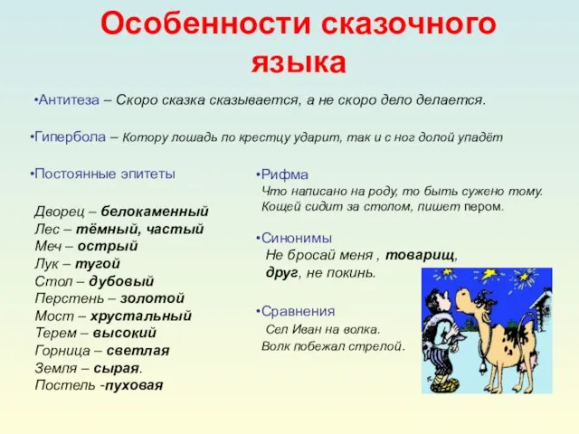 Особенности сказочного языка Антитеза – Скоро сказка сказывается, а не скоро дело