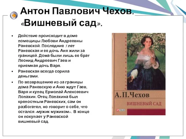 Антон Павлович Чехов. «Вишневый сад». Действие происходит в доме помещицы Любови Андреевны