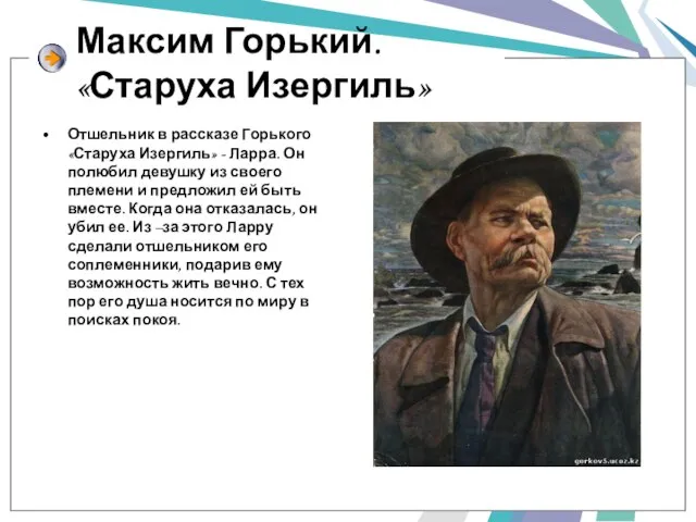 Максим Горький. «Старуха Изергиль» Отшельник в рассказе Горького «Старуха Изергиль» - Ларра.