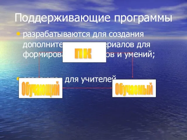 Поддерживающие программы разрабатываются для создания дополнительных материалов для формирования навыков и умений; создаются для учителей.