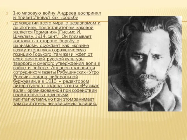 1-ю мировую войну Андреев воспринял и приветствовал как «борьбу демократии всего мира