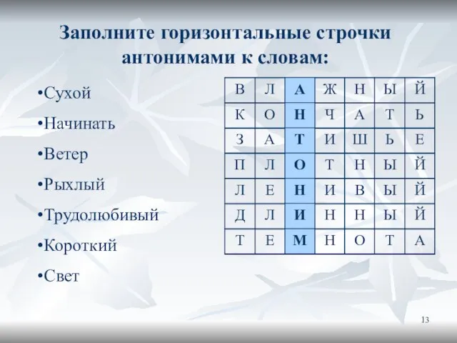 Заполните горизонтальные строчки антонимами к словам: Сухой Начинать Ветер Рыхлый Трудолюбивый Короткий Свет