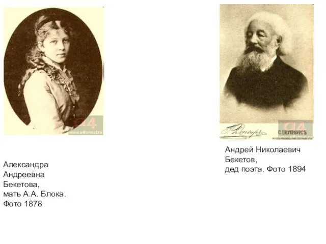 Александра Андреевна Бекетова, мать А.А. Блока. Фото 1878 Андрей Николаевич Бекетов, дед поэта. Фото 1894