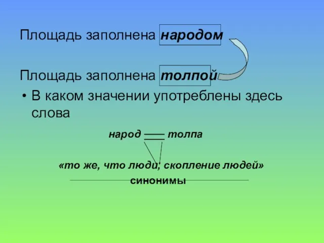 Площадь заполнена народом Площадь заполнена толпой В каком значении употреблены здесь слова