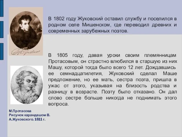В 1802 году Жуковский оставил службу и поселился в родном селе Мишенском,