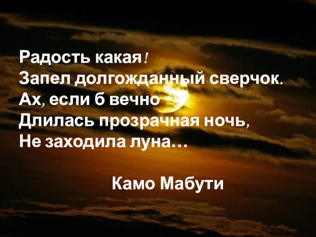 Радость какая! Запел долгожданный сверчок. Ах, если б вечно Длилась прозрачная ночь,