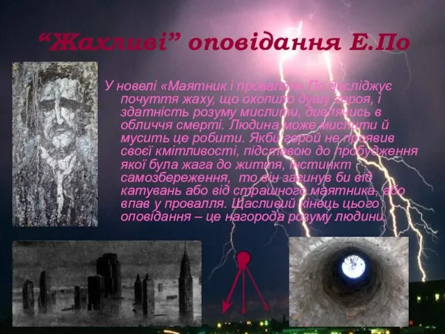 “Жахливі” оповідання Е.По У новелі «Маятник і провалля» По досліджує почуття жаху,