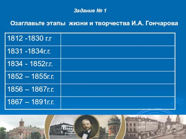 Задание № 1 Озаглавьте этапы жизни и творчества И.А. Гончарова