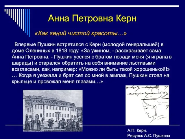 Анна Петровна Керн Впервые Пушкин встретился с Керн (молодой генеральшей) в доме