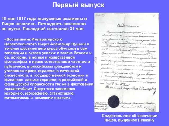 Первый выпуск Свидетельство об окончании Лицея, выданное Пушкину «Воспитанник Императорского Царскосельского Лицея