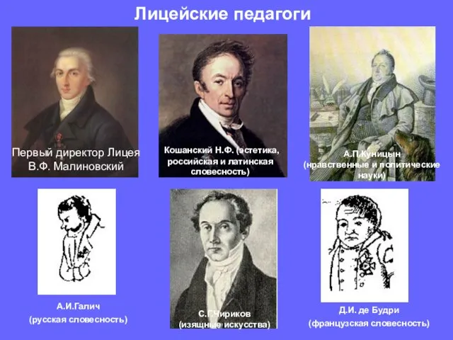 Первый директор Лицея В.Ф. Малиновский Лицейские педагоги Кошанский Н.Ф. (эстетика, российская и