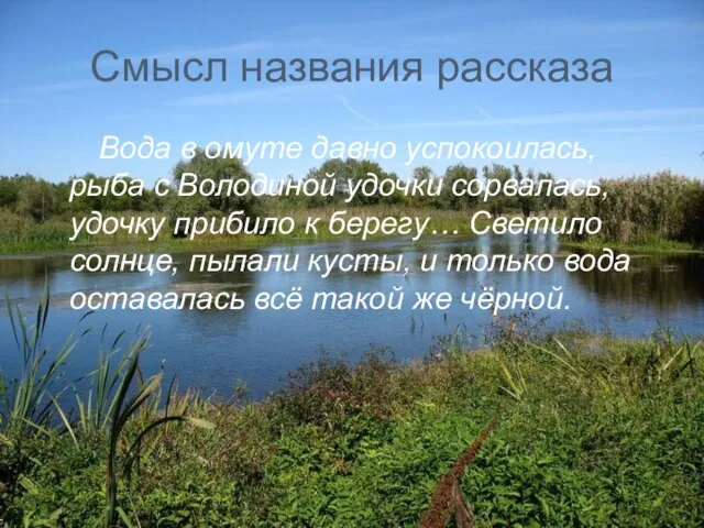 Смысл названия рассказа Вода в омуте давно успокоилась, рыба с Володиной удочки