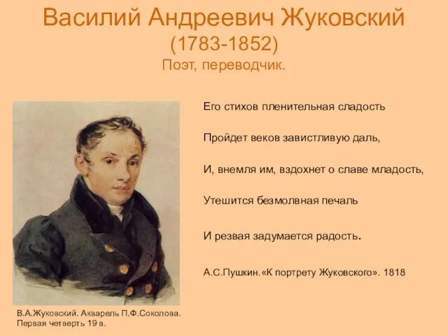 Василий Андреевич Жуковский (1783-1852) Поэт, переводчик. Его стихов пленительная сладость Пройдет веков