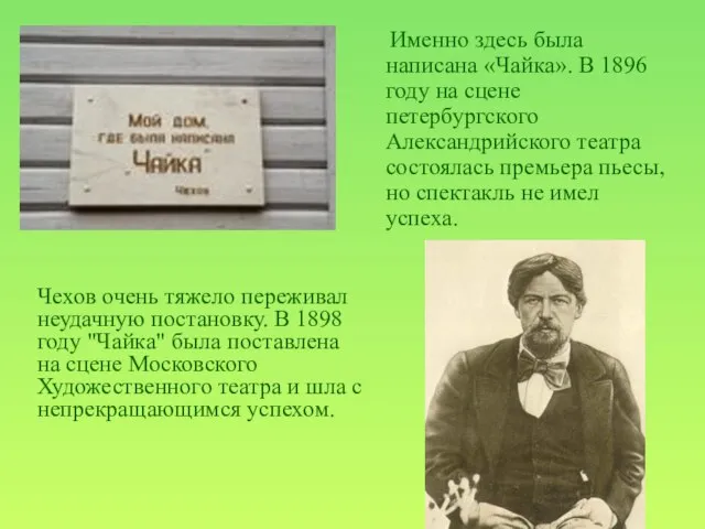 Именно здесь была написана «Чайка». В 1896 году на сцене петербургского Александрийского