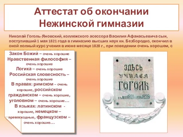 Аттестат об окончании Нежинской гимназии Николай Гоголь-Яновский, коллежского асессора Василия Афанасьевича сын,