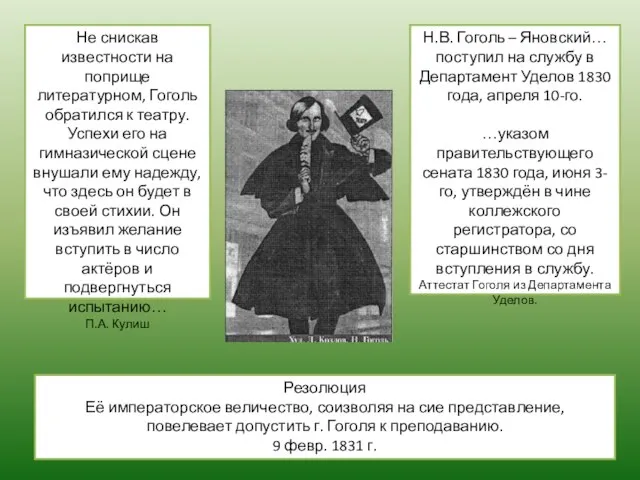 Не снискав известности на поприще литературном, Гоголь обратился к театру. Успехи его