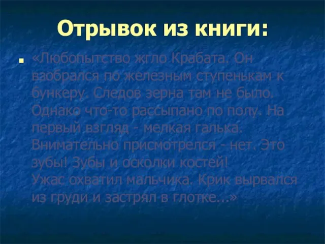 Отрывок из книги: «Любопытство жгло Крабата. Он взобрался по железным ступенькам к