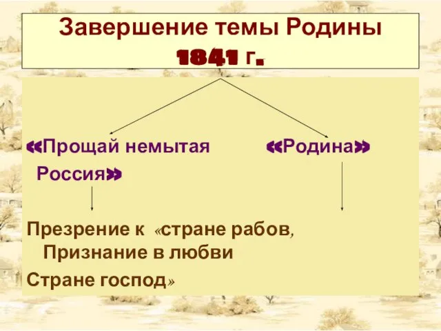 Завершение темы Родины 1841 г. «Прощай немытая «Родина» Россия» Презрение к «стране