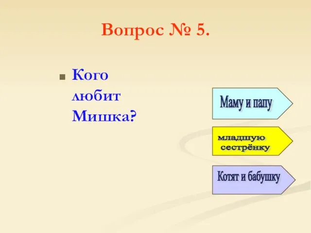 Вопрос № 5. Кого любит Мишка? Маму и папу младшую сестрёнку Котят и бабушку