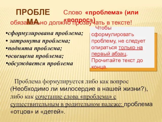 обязательно должно прозвучать в тексте! сформулирована проблема; затронута проблема; поднята проблема; освещена