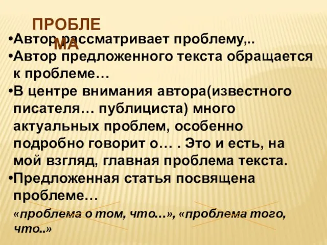 Автор рассматривает проблему,.. Автор предложенного текста обращается к проблеме… В центре внимания