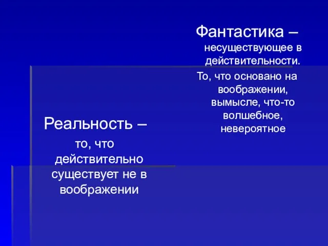 Реальность – то, что действительно существует не в воображении Фантастика – несуществующее