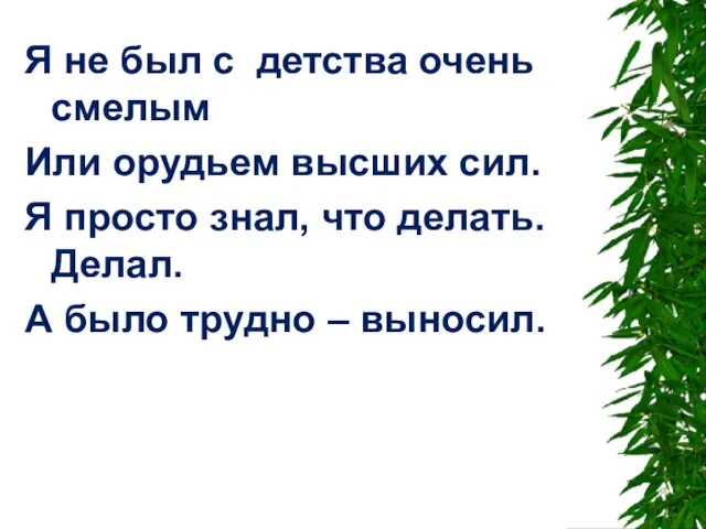 Я не был с детства очень смелым Или орудьем высших сил. Я