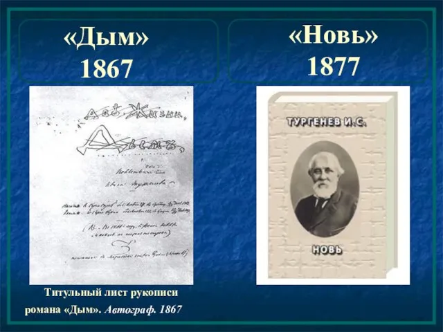 «Дым» 1867 Титульный лист рукописи романа «Дым». Автограф. 1867 «Новь» 1877