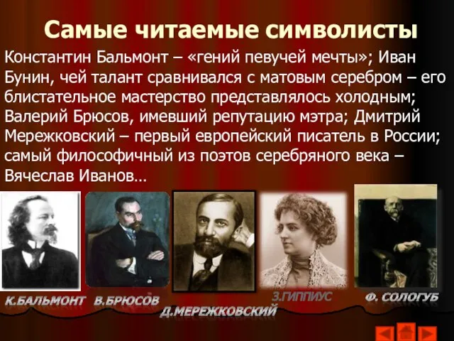 Самые читаемые символисты Константин Бальмонт – «гений певучей мечты»; Иван Бунин, чей