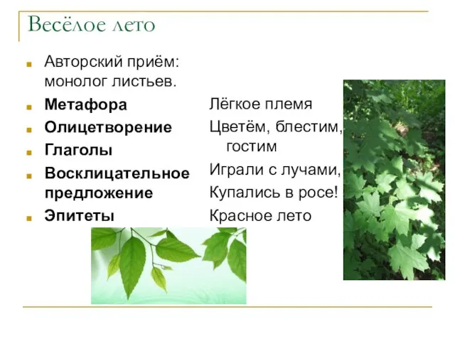 Весёлое лето Авторский приём: монолог листьев. Метафора Олицетворение Глаголы Восклицательное предложение Эпитеты