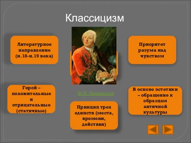 Классицизм Литературное направление (н.18-н.19 века) Приоритет разума над чувством В основе эстетики