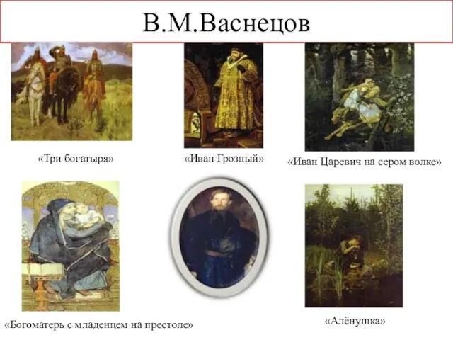 В.М.Васнецов «Три богатыря» «Иван Грозный» «Иван Царевич на сером волке» «Богоматерь с младенцем на престоле» «Алёнушка»