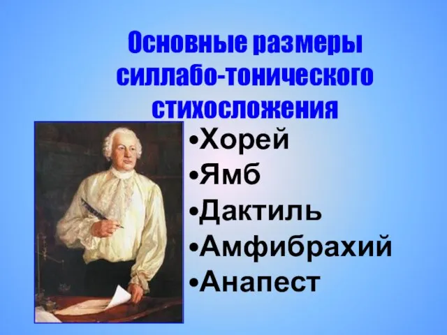 Хорей Ямб Дактиль Амфибрахий Анапест Основные размеры силлабо-тонического стихосложения