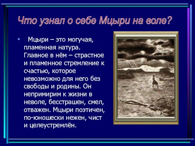 Что узнал о себе Мцыри на воле? Мцыри – это могучая, пламенная