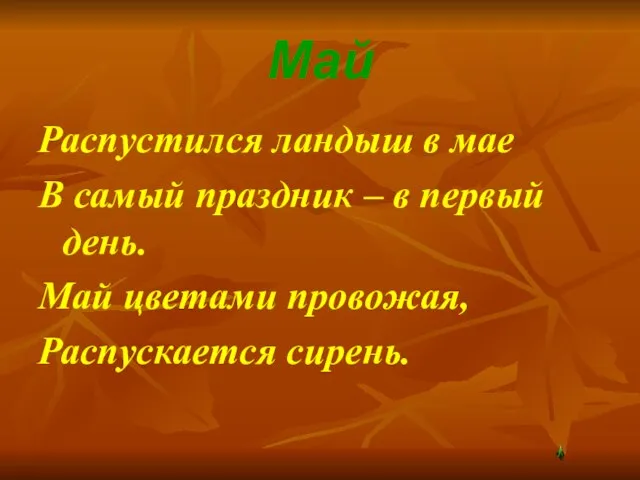 Май Распустился ландыш в мае В самый праздник – в первый день.