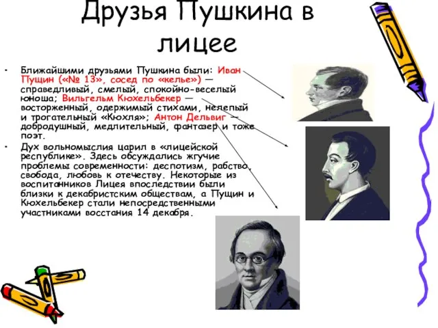 Друзья Пушкина в лицее Ближайшими друзьями Пушкина были: Иван Пущин («№ 13»,