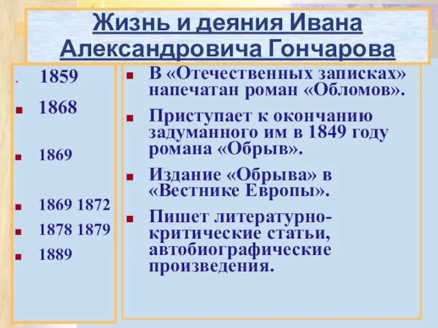 Жизнь и деяния Ивана Александровича Гончарова 1859 1868 1869 1869 1872 1878