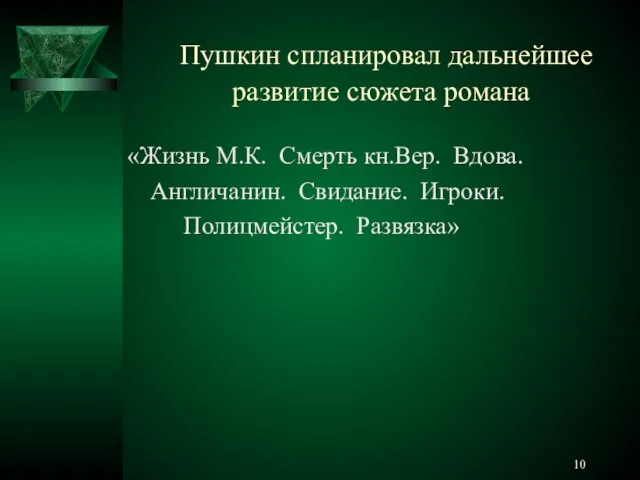 Пушкин спланировал дальнейшее развитие сюжета романа «Жизнь М.К. Смерть кн.Вер. Вдова. Англичанин. Свидание. Игроки. Полицмейстер. Развязка»