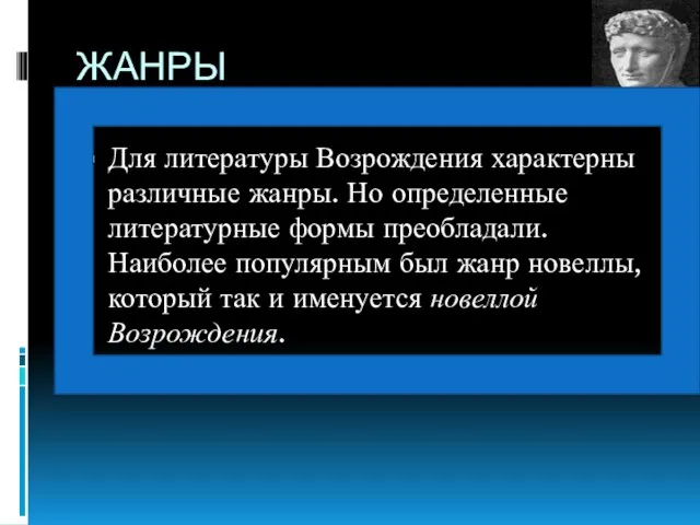 ЖАНРЫ Для литературы Возрождения характерны различные жанры. Но определенные литературные формы преобладали.