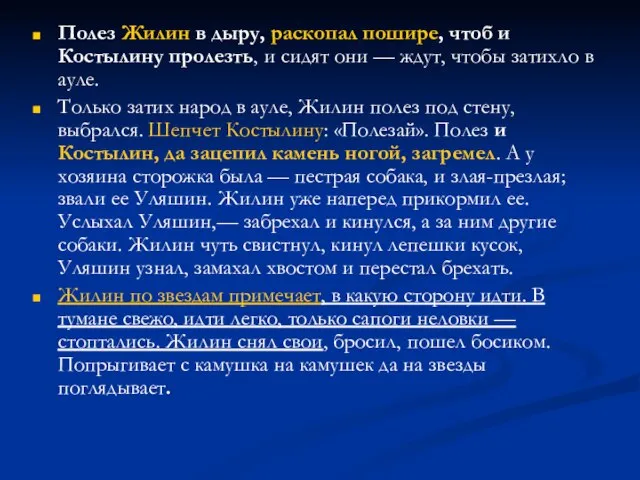 Полез Жилин в дыру, раскопал пошире, чтоб и Костылину пролезть, и сидят