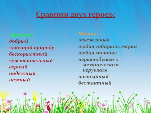 Сравним двух героев: Дениска: добрый любящий природу бескорыстный чувствительный верный надежный нежный