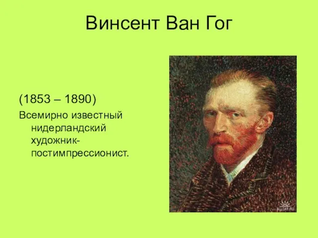 Винсент Ван Гог (1853 – 1890) Всемирно известный нидерландский художник-постимпрессионист.