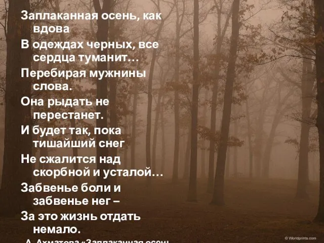 Заплаканная осень, как вдова В одеждах черных, все сердца туманит… Перебирая мужнины