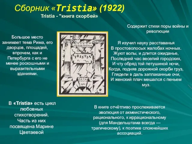 Сборник «Tristia» (1922) Tristia - "книга скорбей» Большое место занимает тема Рима,