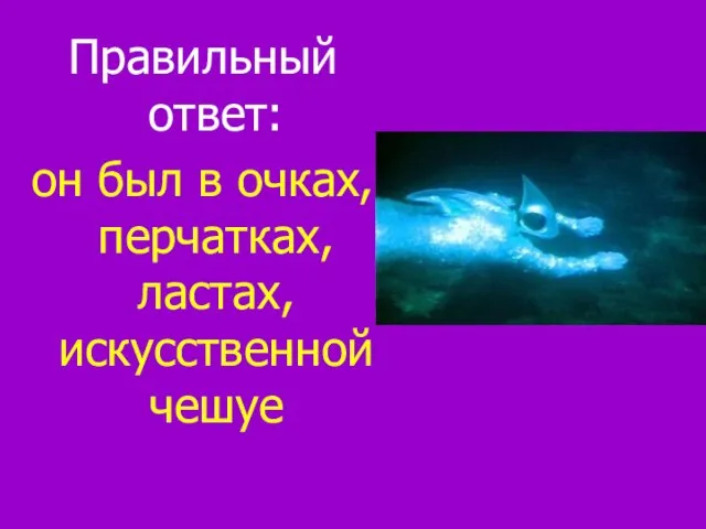 Правильный ответ: он был в очках, перчатках, ластах, искусственной чешуе