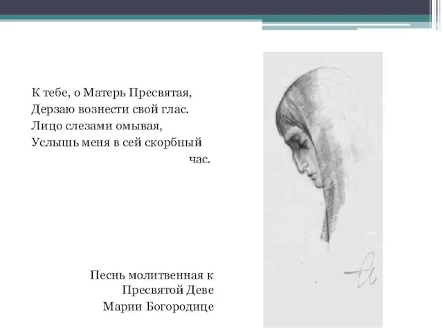 К тебе, о Матерь Пресвятая, Дерзаю вознести свой глас. Лицо слезами омывая,