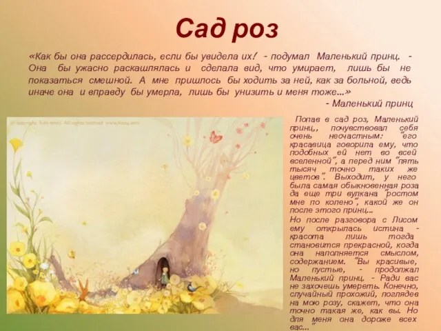Попав в сад роз, Маленький принц,, почувствовал себя очень несчастным: "его красавица