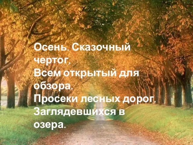 Осень. Сказочный чертог, Всем открытый для обзора. Просеки лесных дорог, Заглядевшихся в озера.